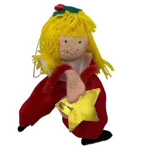Vtg Angel Christmas Ornament Holding Star‎ Gold Hair Red Outfit Decor Hong Kong